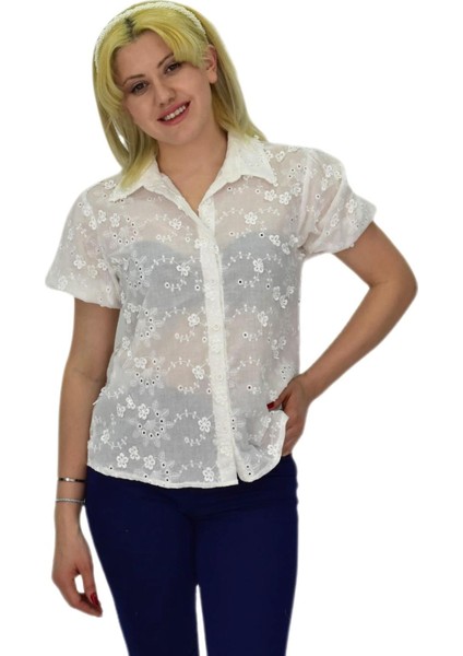 Kadın Brodeli Kısa Kol Bluz Bgl-St0371