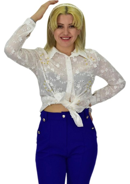 Kadın Brodeli Taşlı Bluz Bgl-St03720