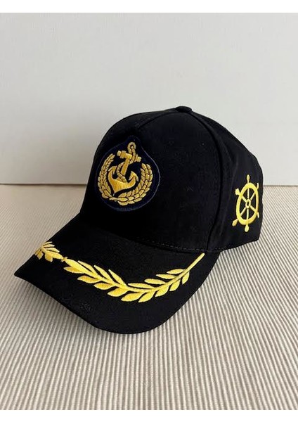 Denizci Model Çapa Armalı Arkasından Ayarlanabilir Unisex Siyah Kaptan Şapkası