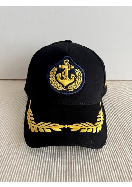 Denizci Model Çapa Armalı Arkasından Ayarlanabilir Unisex Siyah Kaptan Şapkası