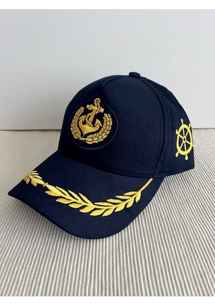 Denizci Model Çapa Armalı Arkasından Ayarlanabilir Unisex Lacivert Kaptan Şapkası