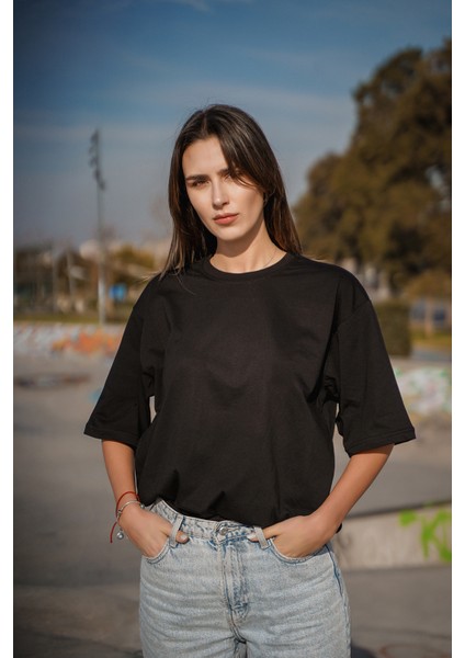 Oversize Siyah Baskısız T-Shirt