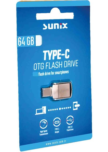 Sunix 64GB.Type-C ve USB 3.0 Hızlı USB Flash Bellek Otg Çift Girişli Orjinal