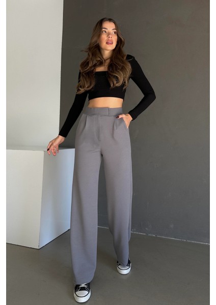 1077 Kadın Likralı Cırt Kapama Gri Palazzo Pantolon