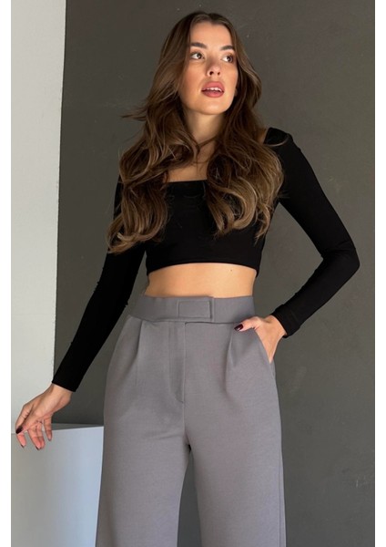 1077 Kadın Likralı Cırt Kapama Gri Palazzo Pantolon modelleri