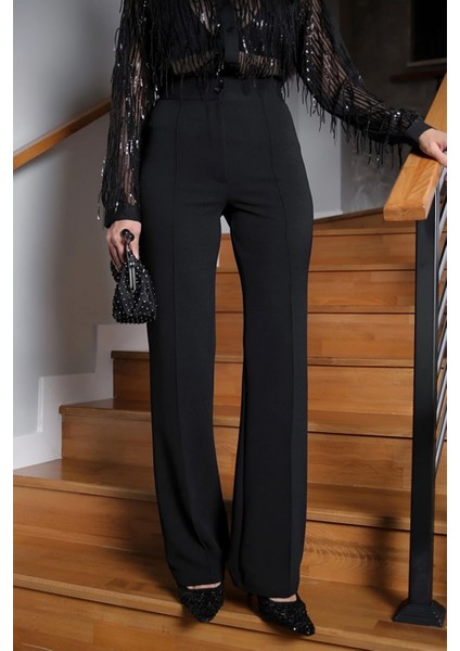 1079 Kadın Siyah Yüksek Bel Toparlayıcı Ispanyol Paça Palazzo Pantolon modelleri