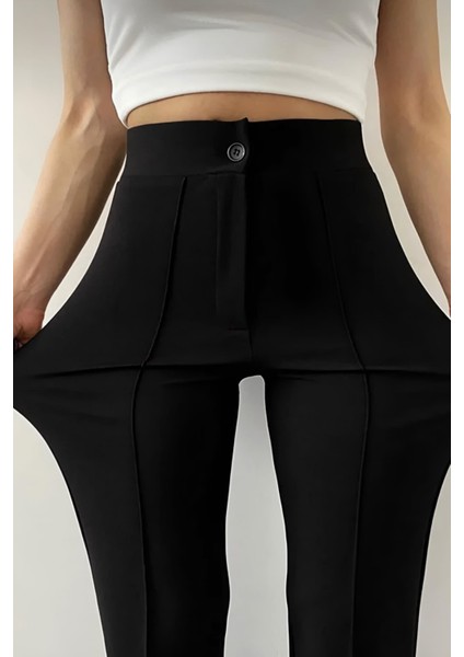 1079 Kadın Siyah Yüksek Bel Toparlayıcı Ispanyol Paça Palazzo Pantolon indirimleri