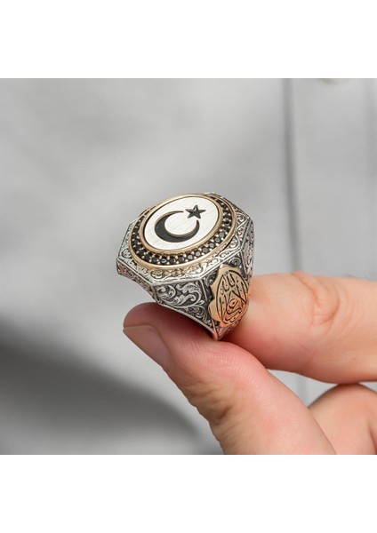 Ayyıldız La Galibe Illallah Yazılı 925 Gümüş Erkek Yüzük