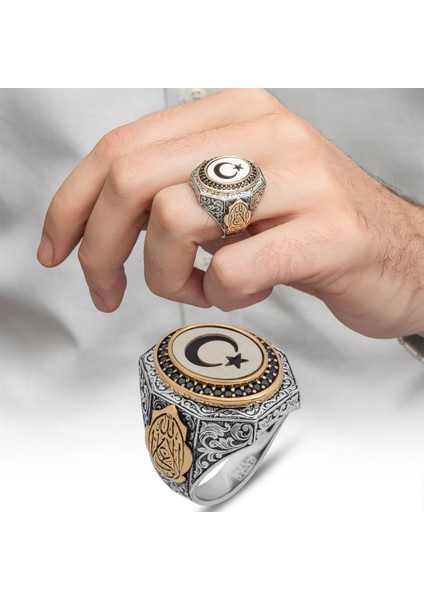 Ayyıldız La Galibe Illallah Yazılı 925 Gümüş Erkek Yüzük fiyatları
