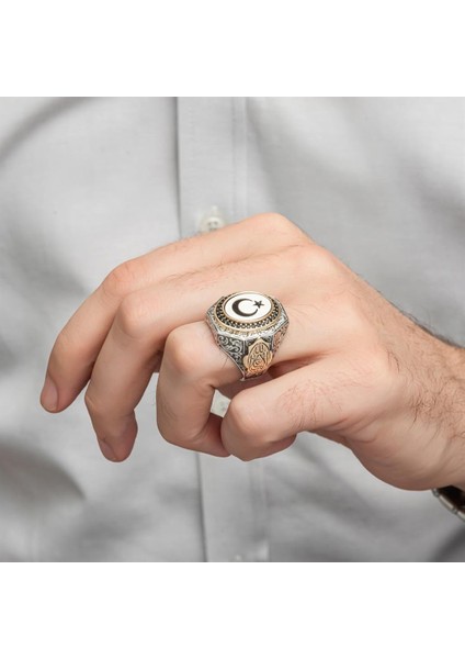Ayyıldız La Galibe Illallah Yazılı 925 Gümüş Erkek Yüzük fırsatları