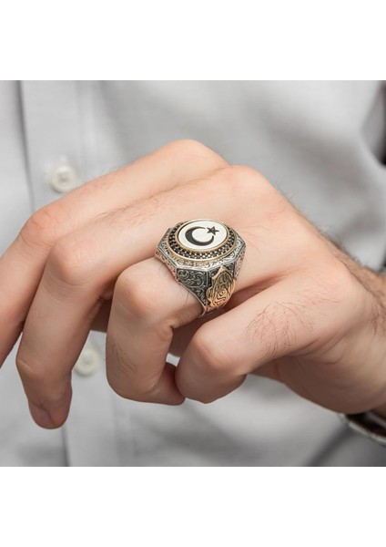 Ayyıldız La Galibe Illallah Yazılı 925 Gümüş Erkek Yüzük indirimleri