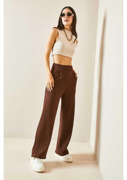 1077 Kadın Likralı Cırt Kapama Kahverengi Palazzo Pantolon modelleri