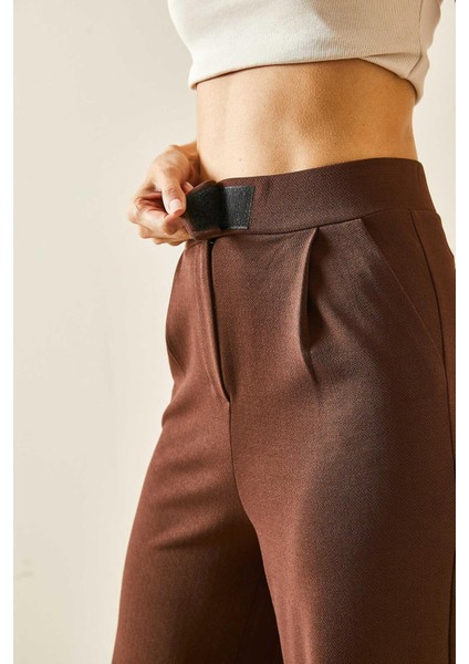 1077 Kadın Likralı Cırt Kapama Kahverengi Palazzo Pantolon indirimleri