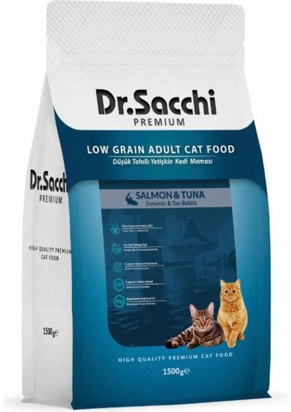 Dr. Sacchi Premium Düşük Tahıllı Somonlu ve Ton Balıklı Yetişkin Kedi Maması 1,5 kg