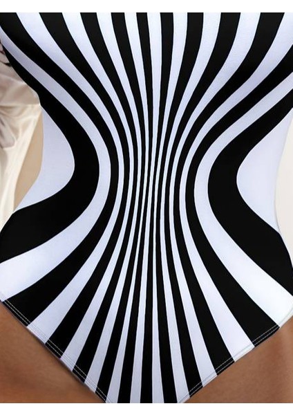 Kadın Yuvarlak Yaka Askılı Zebra Desen Baskılı Dalgıç Mayo