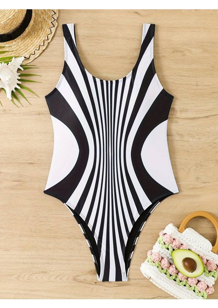 Kadın Yuvarlak Yaka Askılı Zebra Desen Baskılı Dalgıç Mayo