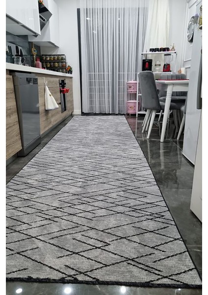 Zikzak Saçaklı Dokuma Şönil Kaymaz Taban Pamuk Yıkanabilir Gri Salon Halısı Yolluk Mutfak Halısı Kilim