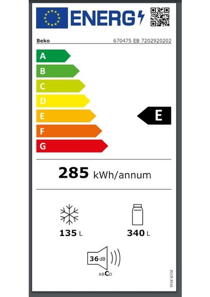 670475 Eb E Enerji Sınıfı 475 Litre No Frost Buzdolabı