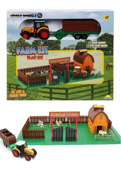 Römorklu Traktörlü - Ahırlı - Etrafı Çitle Çevrili - 3 Hayvan Figürlü Çiftlik Seti S00019419