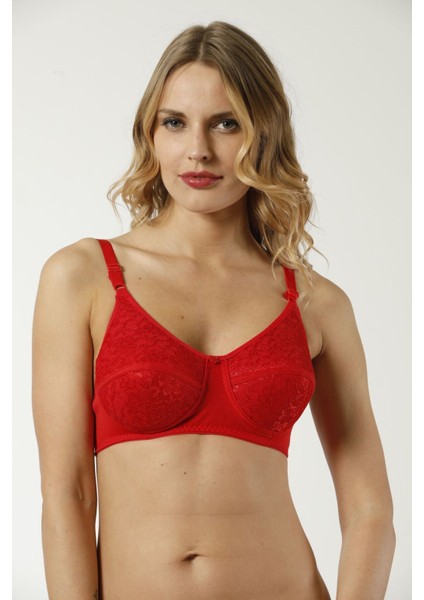 Kırmızı Penye Süngerli Sütyen B Cup Uyumlu Toparlayıcı Dantelli Sütyen