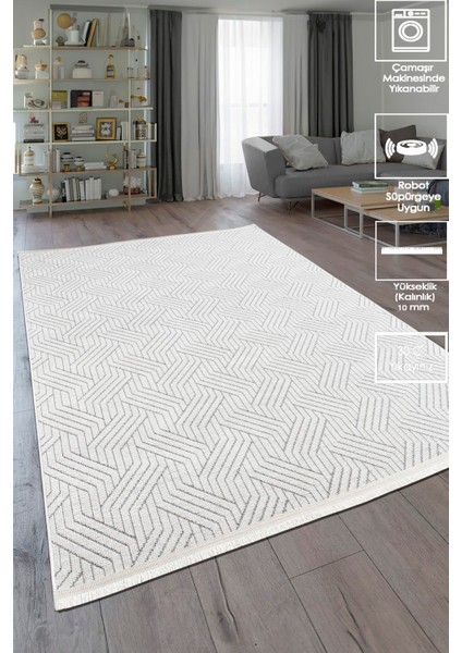 Labirent Saçaklı Dokuma Şönil Kaymaz Taban Pamuk Yıkanabilir Beyaz Salon Halısı Yolluk Mutfak Halısı Kilim