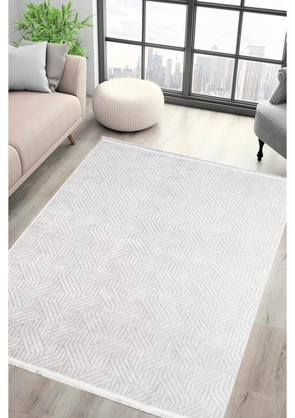 Labirent Saçaklı Dokuma Şönil Kaymaz Taban Pamuk Yıkanabilir Beyaz Salon Halısı Yolluk Mutfak Halısı Kilim