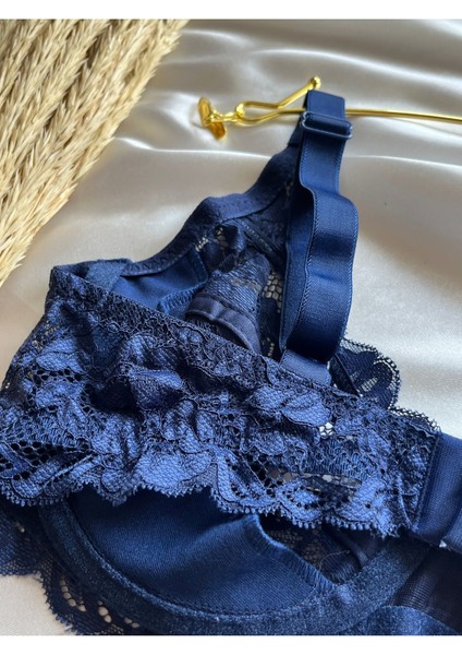 B Cup Full Cup Dantelli Lacivert Sütyen Balenli Astarsız Telli Tam Kapsama Şık ve Toparlayıcı Sütyen indirimleri