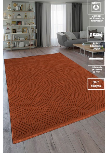 Labirent Saçaklı Dokuma Şönil Kaymaz Taban Pamuk Yıkanabilir Kiremit Salon Halısı Yolluk Mutfak Halısı Kilim