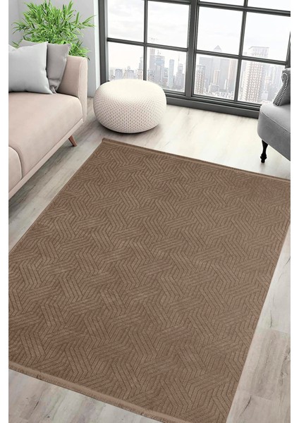 Labirent Saçaklı Dokuma Şönil Kaymaz Taban Pamuk Yıkanabilir Vizon Salon Halısı Yolluk Mutfak Halısı Kilim