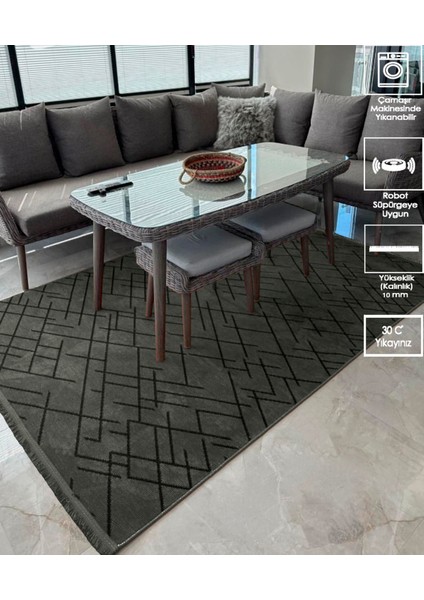 Zikzak Saçaklı Dokuma Şönil Kaymaz Taban Pamuk Yıkanabilir Haki Salon Halısı Yolluk Mutfak Halısı Kilim