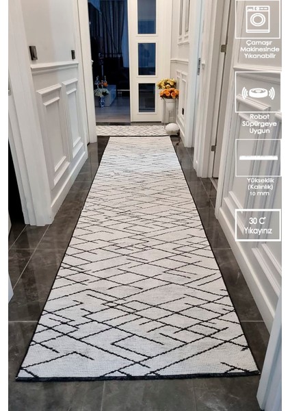 Zikzak Saçaklı Dokuma Şönil Kaymaz Taban Pamuk Yıkanabilir Beyaz Salon Halısı Yolluk Mutfak Halısı Kilim