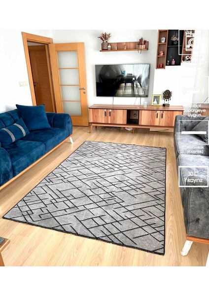 Zikzak Saçaklı Dokuma Şönil Kaymaz Taban Pamuk Yıkanabilir Gri Salon Halısı Yolluk Mutfak Halısı Kilim