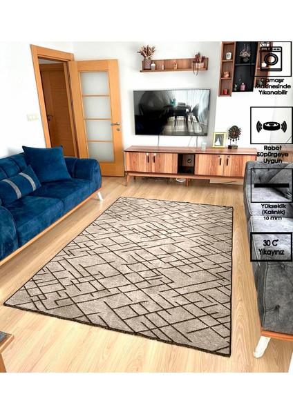 Zikzak Saçaklı Dokuma Şönil Kaymaz Taban Pamuk Yıkanabilir Vizon Salon Halısı Yolluk Mutfak Halısı Kilim