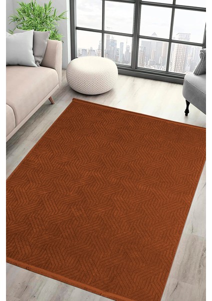 Labirent Saçaklı Dokuma Şönil Kaymaz Taban Pamuk Yıkanabilir Kiremit Salon Halısı Yolluk Mutfak Halısı Kilim