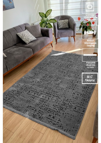 Iskandinav Dokuma Şönil Kaymaz Taban Pamuk Yıkanabilir Antrasit Salon Halısı Yolluk Mutfak Halısı Kilim