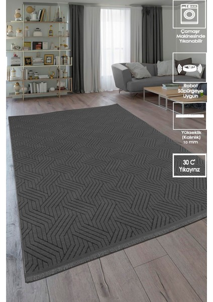 Labirent Saçaklı Dokuma Şönil Kaymaz Taban Pamuk Yıkanabilir Antrasit Salon Halısı Yolluk Mutfak Halısı Kilim