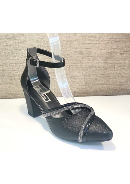 De Scarıo 644 Kadın Taşlı Bel Açık Ön Ve Arka Kapalı Kalın Kısa Topuk Ayakkabı Siyah