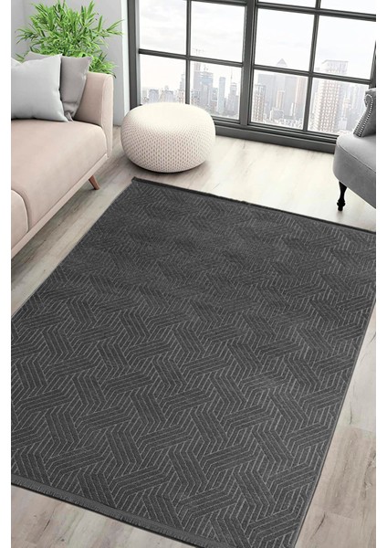 Labirent Saçaklı Dokuma Şönil Kaymaz Taban Pamuk Yıkanabilir Antrasit Salon Halısı Yolluk Mutfak Halısı Kilim