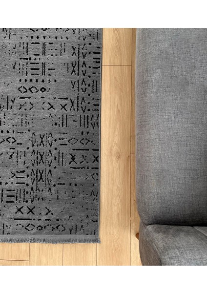 Iskandinav Dokuma Şönil Kaymaz Taban Pamuk Yıkanabilir Antrasit Salon Halısı Yolluk Mutfak Halısı Kilim