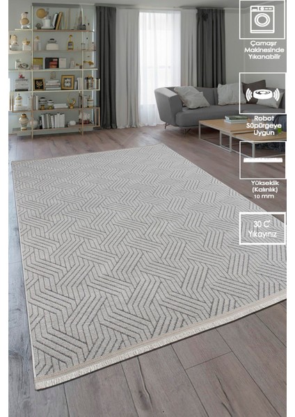 Labirent Saçaklı Dokuma Şönil Kaymaz Taban Pamuk Yıkanabilir Gri Salon Halısı Yolluk Mutfak Halısı Kilim