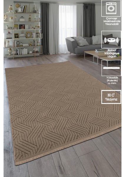 Labirent Saçaklı Dokuma Şönil Kaymaz Taban Pamuk Yıkanabilir Vizon Salon Halısı Yolluk Mutfak Halısı Kilim