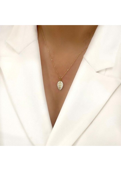 Taşlı Yaprak Kolye Altın