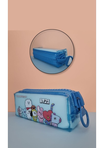 Bts BT21 Temalı Dev Fermuarlı Kalemlik Şeffaf Kalem Kutusu Çantası - Pastel Mavi