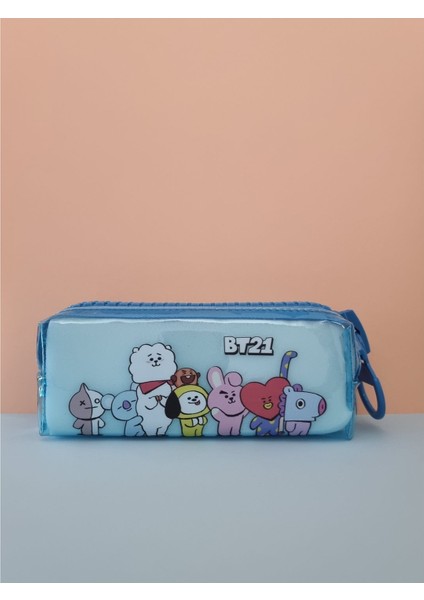 Bts BT21 Temalı Dev Fermuarlı Kalemlik Şeffaf Kalem Kutusu Çantası - Pastel Mavi