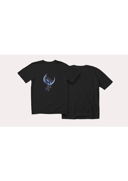 Celestial Dolphins Tasarım Relaxed Fit Siyah Kadın Önü Baskılı Tişört fırsatları