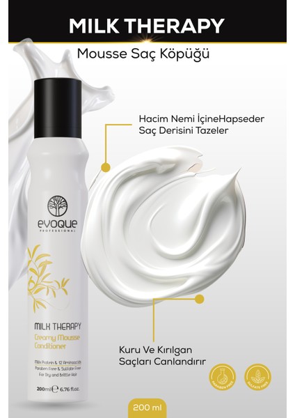 Milk Therapy Mousse Saç Köpüğü, Süt Proteini ve 12 Aminoasit Içerir, Doğal Bakım, Parabensiz, 200ML fiyatları