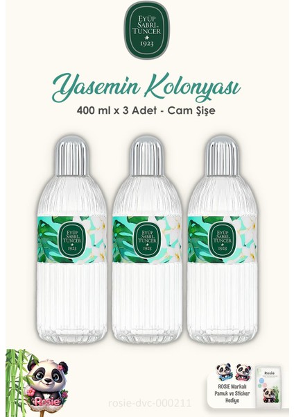 3 Adet Eyüp Sabri Tuncer Yasemin Kolonyası Cam Şişe 400 ml ve 60'lı Rosıe Pamuk