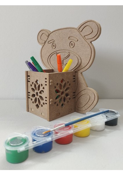 Ahşap Ayı Tasarımlı Kalemlik / Boyama Seti ve Fırça