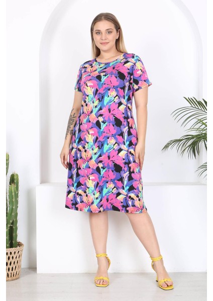 Kadın Mor Floral Suluboya Desen Midi Elbise