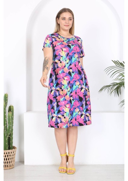 Kadın Mor Floral Suluboya Desen Midi Elbise fiyatları